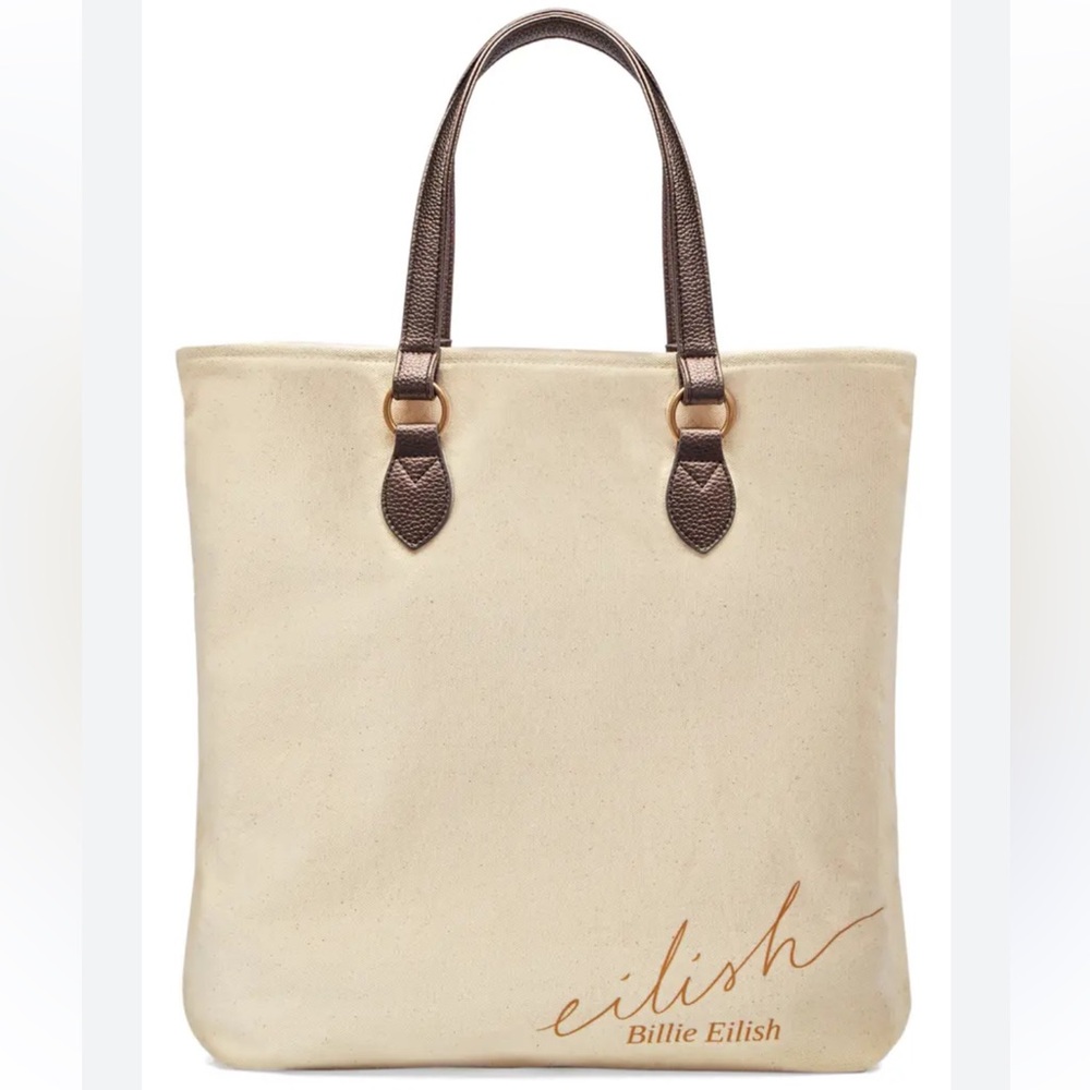 Billie Eilish Cream Tote Bag Brown Straps Gold Hardware NWT